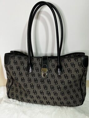 Monogram Pattern Black & Taupe Tote Bag with Lock Closure